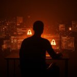 Fundador tech vigilante frente a una amenaza de spyware gubernamental, ilustrando ciberseguridad en startups tecnológicas.