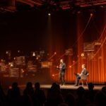 Founder tech hablando en conferencia de software destacando en networking y marca personal en la comunidad tech.