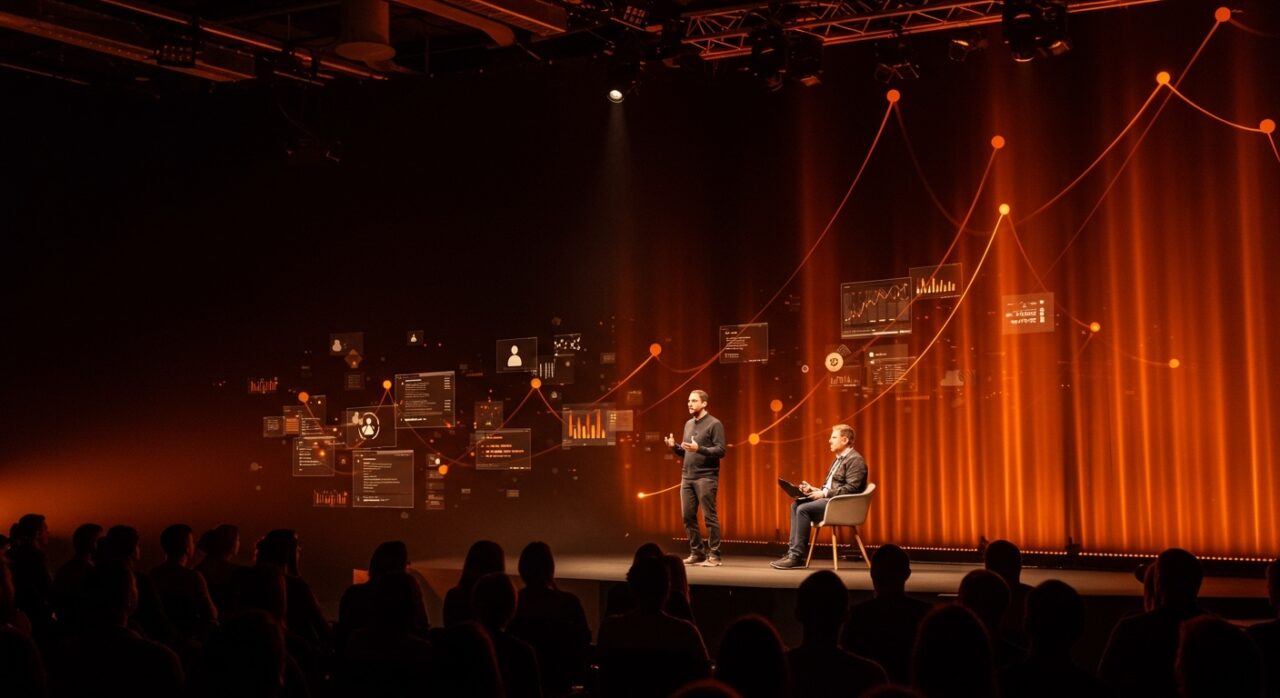 Founder tech hablando en conferencia de software destacando en networking y marca personal en la comunidad tech.