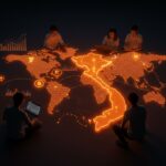 Startup founders colaborando en torno a un mapa digital de Vietnam con flujos de inversión y símbolos de innovación en el ecosistema startup.