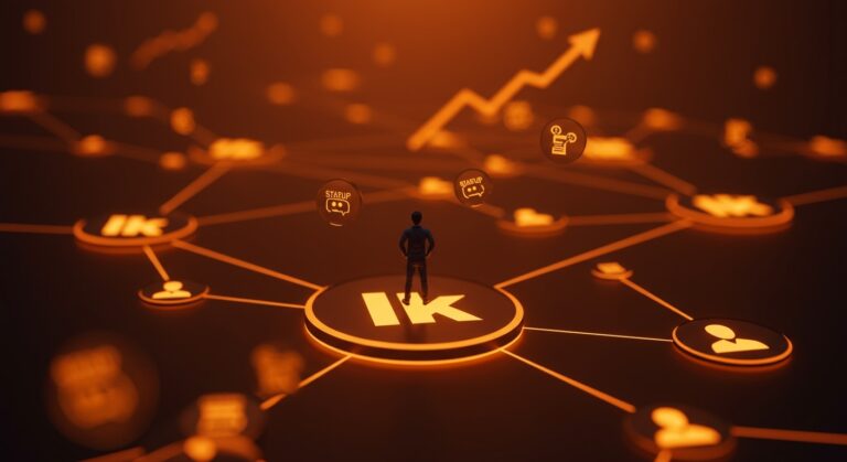 Fundador destacado sobre una plataforma digital de red profesional simbolizando la dominancia de LinkedIn y las oportunidades para innovar en networking.