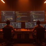 Equipo técnico colaborando en compilación cruzada con Nix para sistemas RISC OS, simbolizando automatización y desarrollo de software avanzado.