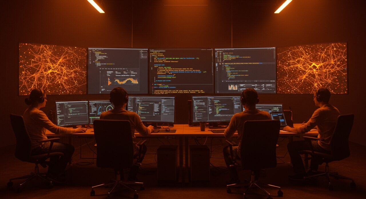 Equipo técnico colaborando en compilación cruzada con Nix para sistemas RISC OS, simbolizando automatización y desarrollo de software avanzado.