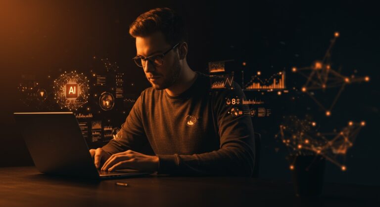 Fundador tecnológico trabajando con redes de IA descentralizada y computación local en contexto de soberanía digital y eficiencia energética para startups.