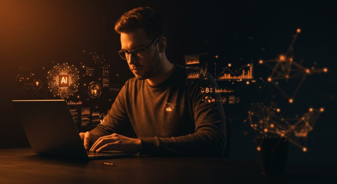 Fundador tecnológico trabajando con redes de IA descentralizada y computación local en contexto de soberanía digital y eficiencia energética para startups.