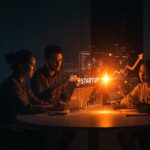 Equipo de startup colaborando con comunicación clara y estrategias visualizadas en interfaz digital, simbolizando crecimiento y captación de inversores.