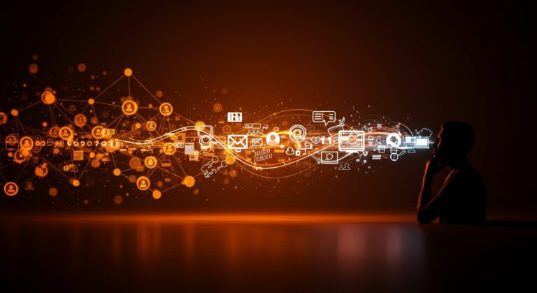 Ilustración conceptual de la comunicación digital desplazada por el entretenimiento en redes federadas y protocolos sociales, destacando la economía de la atención para founders digitales.