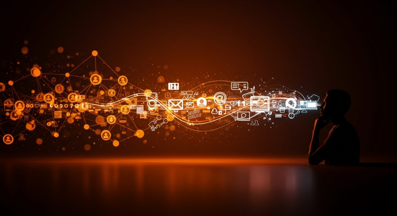 Ilustración conceptual de la comunicación digital desplazada por el entretenimiento en redes federadas y protocolos sociales, destacando la economía de la atención para founders digitales.