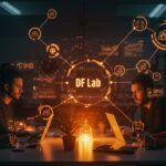 Fundadores tech colaborando en comunidad, simbolizando la innovación y alianzas en el ecosistema startup con elementos visuales en naranja y negro.