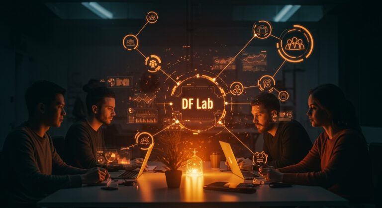 Fundadores tech colaborando en comunidad, simbolizando la innovación y alianzas en el ecosistema startup con elementos visuales en naranja y negro.