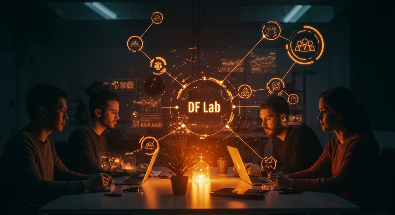 Fundadores tech colaborando en comunidad, simbolizando la innovación y alianzas en el ecosistema startup con elementos visuales en naranja y negro.