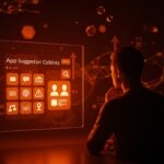 Controversia de OpenAI por sugerencias de apps tipo anuncios, ilustrada con un founder de startup y redes neuronales abstractas en colores naranja y negro.