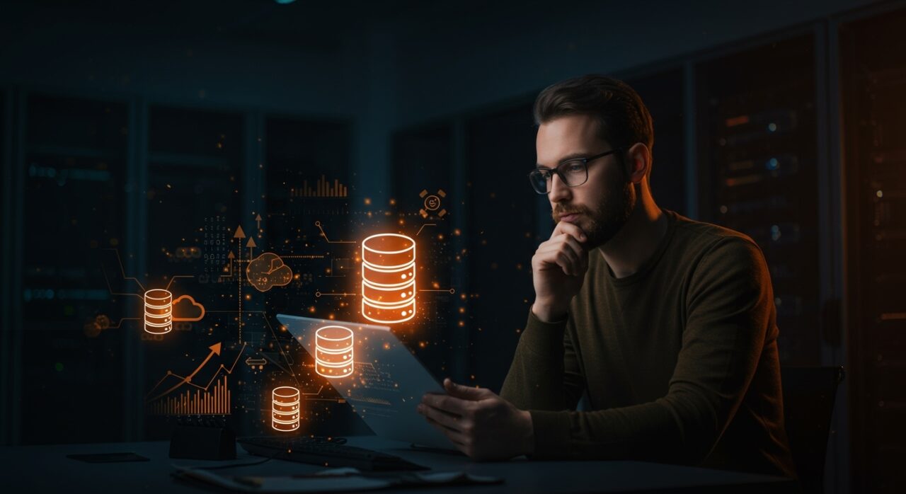 Fundador de startup analizando bases de datos Postgres autoalojadas y optimización de infraestructura SaaS frente a AWS RDS con gráficos digitales en tonos naranja y negro.
