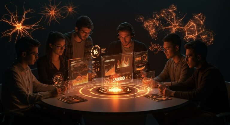 Convocatoria de financiamiento para startups tecnológicas en Argentina con enfoque en inteligencia artificial y biotech, mostrando emprendedores colaborando y tecnología avanzada.