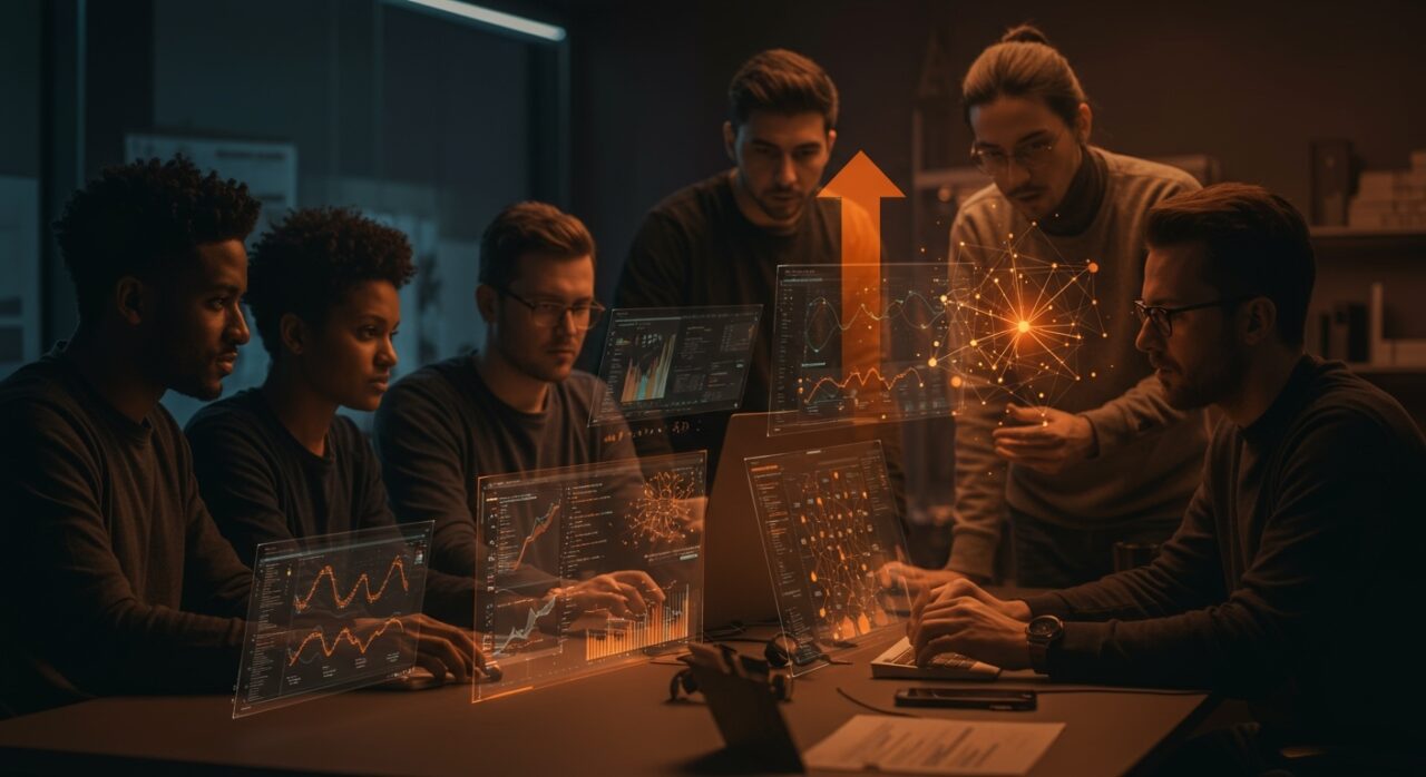 Founding engineers trabajando con interfaces holográficas en startup de IA y full-stack respaldada por Y Combinator, destacando oportunidad laboral tech para talento hispano.