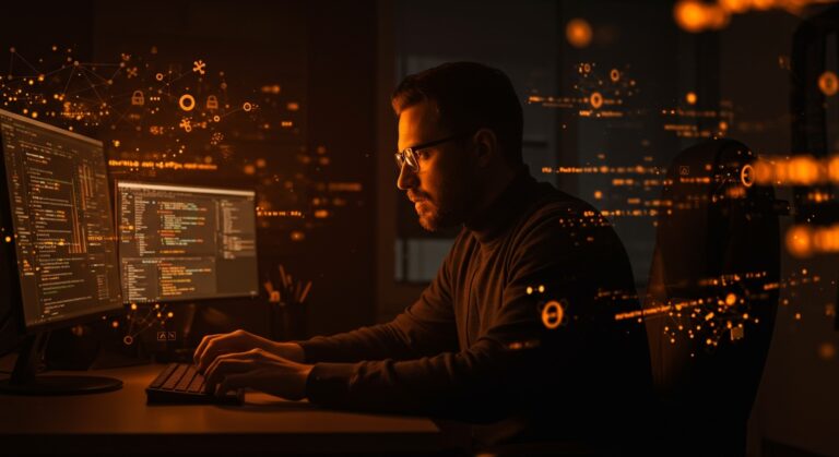 Senior Full Stack Engineer colaborando en desarrollo de software de seguridad open source con inteligencia artificial en entorno startup.