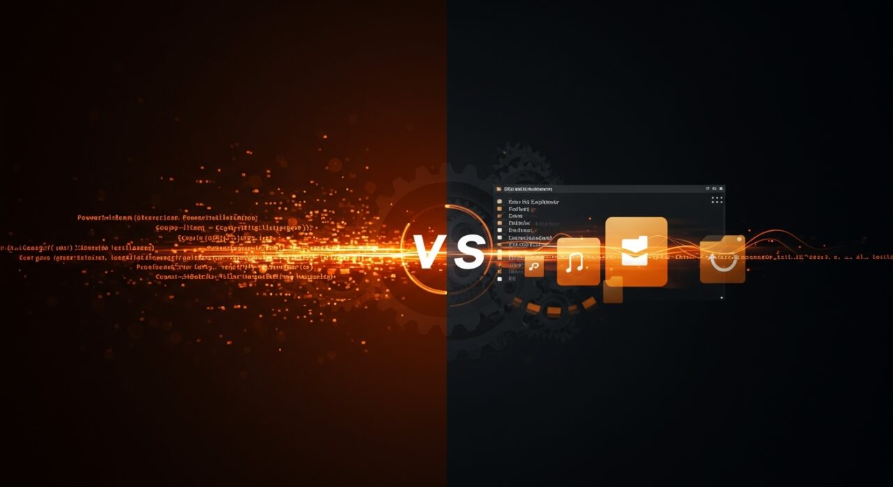 Comparación visual de rendimiento entre Copy-Item en PowerShell y File Explorer en Windows para automatización y gestión de archivos.