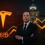 Elon Musk frente al edificio de la Corte Suprema de Delaware representando la restitución de su paquete salarial en Tesla y lecciones para fundadores tech.