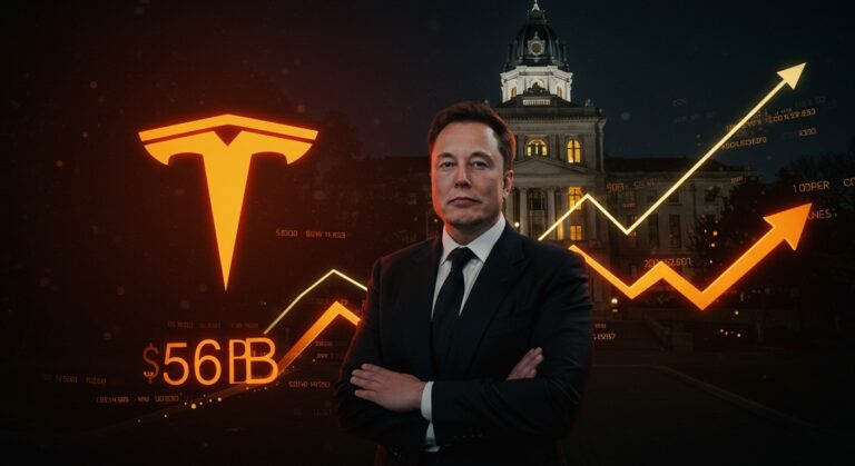 Elon Musk frente al edificio de la Corte Suprema de Delaware representando la restitución de su paquete salarial en Tesla y lecciones para fundadores tech.