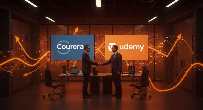 Fusión de Coursera y Udemy en el sector edtech con integración global y crecimiento del ecosistema startup en educación online.
