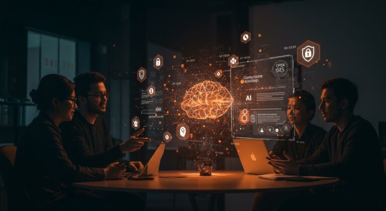 Equipo de startups tecnológicos discutiendo acuerdos pay-to-crawl de IA respaldados por Creative Commons en un entorno futurista.