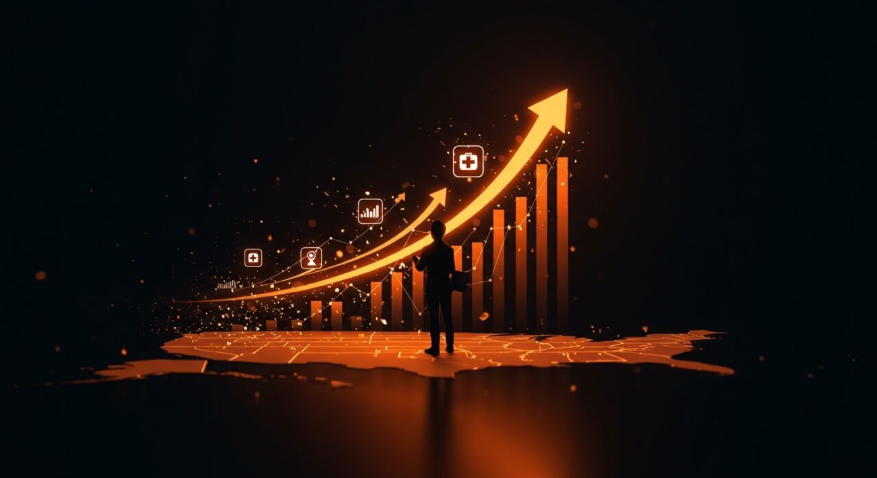 Crisis y aumento de costos en el sistema de salud de EE.UU., impacto en startups y healthtech LATAM representado con gráficos ascendentes y mapas digitales.