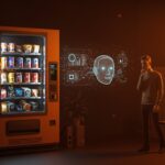 Vending machine con chatbot IA y un emprendedor evaluando automatización ineficiente en mercado tech.