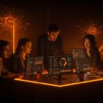 Cuatro emprendedores jóvenes colaborando con tecnología de inteligencia artificial avanzada en una startup de programación revolucionaria.