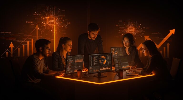 Cuatro emprendedores jóvenes colaborando con tecnología de inteligencia artificial avanzada en una startup de programación revolucionaria.