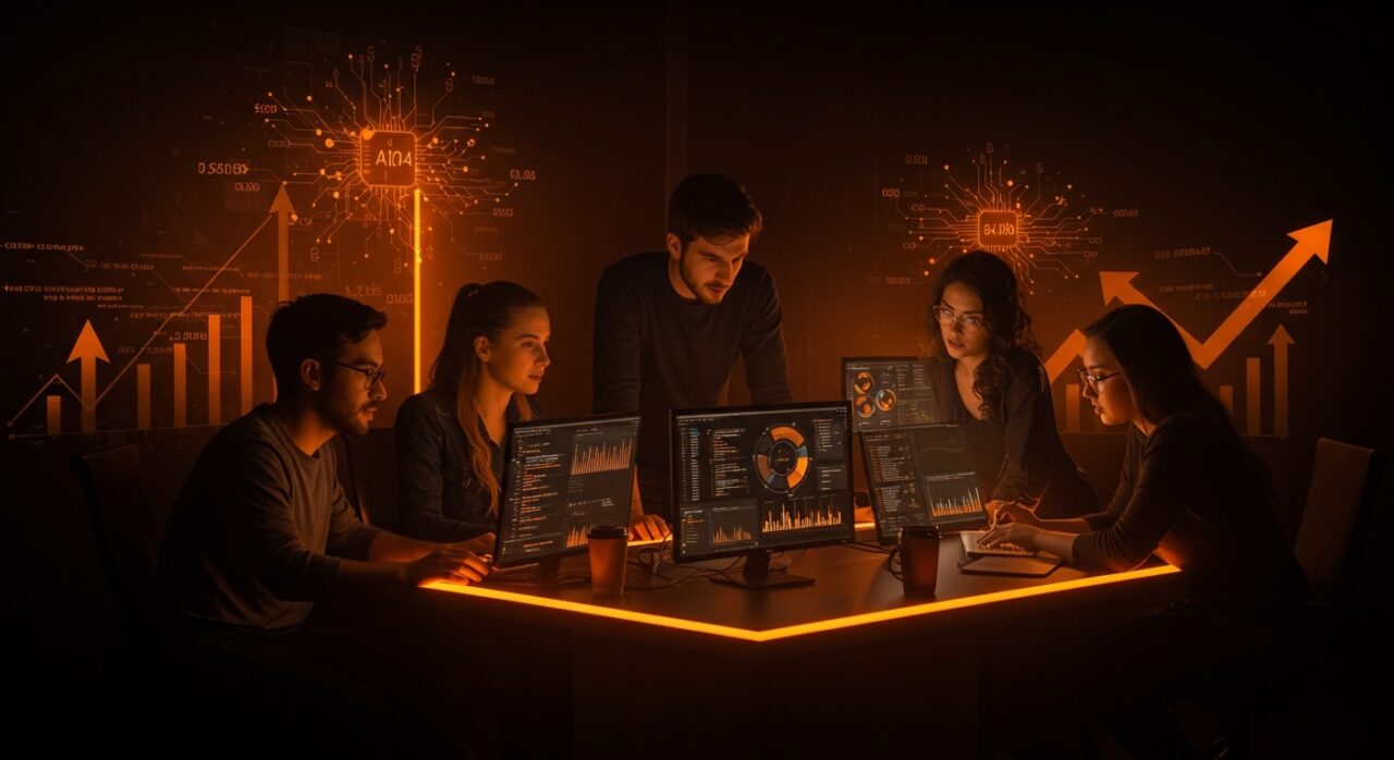 Cuatro emprendedores jóvenes colaborando con tecnología de inteligencia artificial avanzada en una startup de programación revolucionaria.