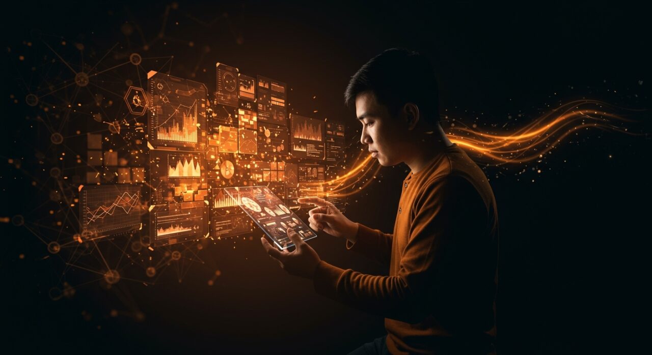 Fundador de startup vietnamita enfrentando retos de datos estandarizados con IA y plataformas digitales para facilitar inversión y mentoría.