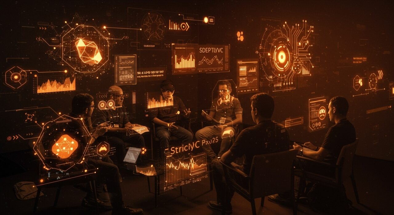 Networking de founders LATAM en StrictlyVC Palo Alto 2025 rodeados de tecnologías deep tech y tendencias tecnológicas.