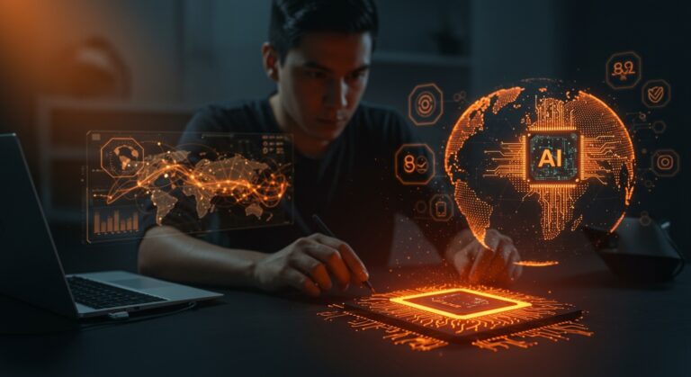 Fundador de startup latinoamericana trabajando con modelo de IA eficiente basado en chips Nvidia en contexto de geopolitica tecnológica.