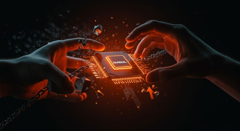 GPU Nvidia prohibida en manos de una startup innovadora simbolizando el desafío regulatorio en hardware AI y tecnología DeepSeek.