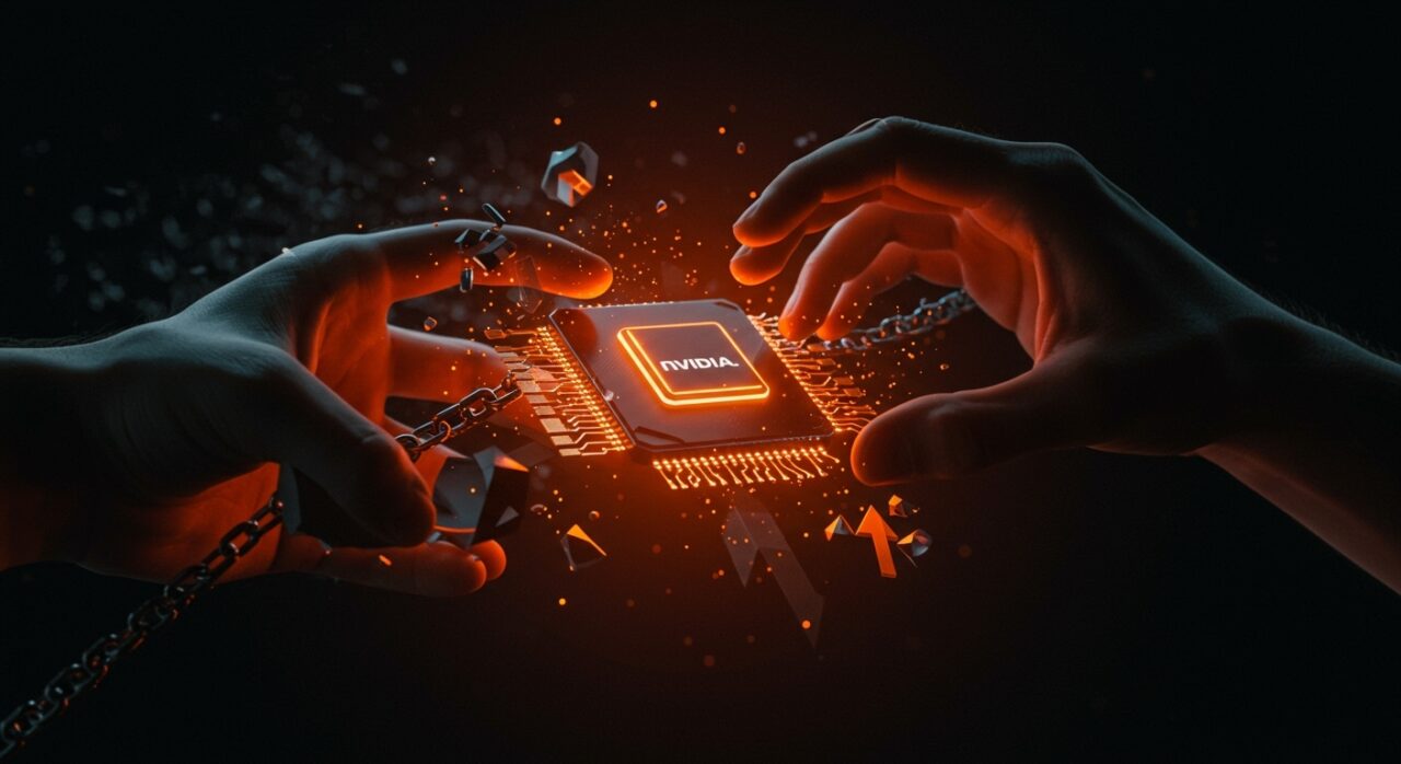 GPU Nvidia prohibida en manos de una startup innovadora simbolizando el desafío regulatorio en hardware AI y tecnología DeepSeek.