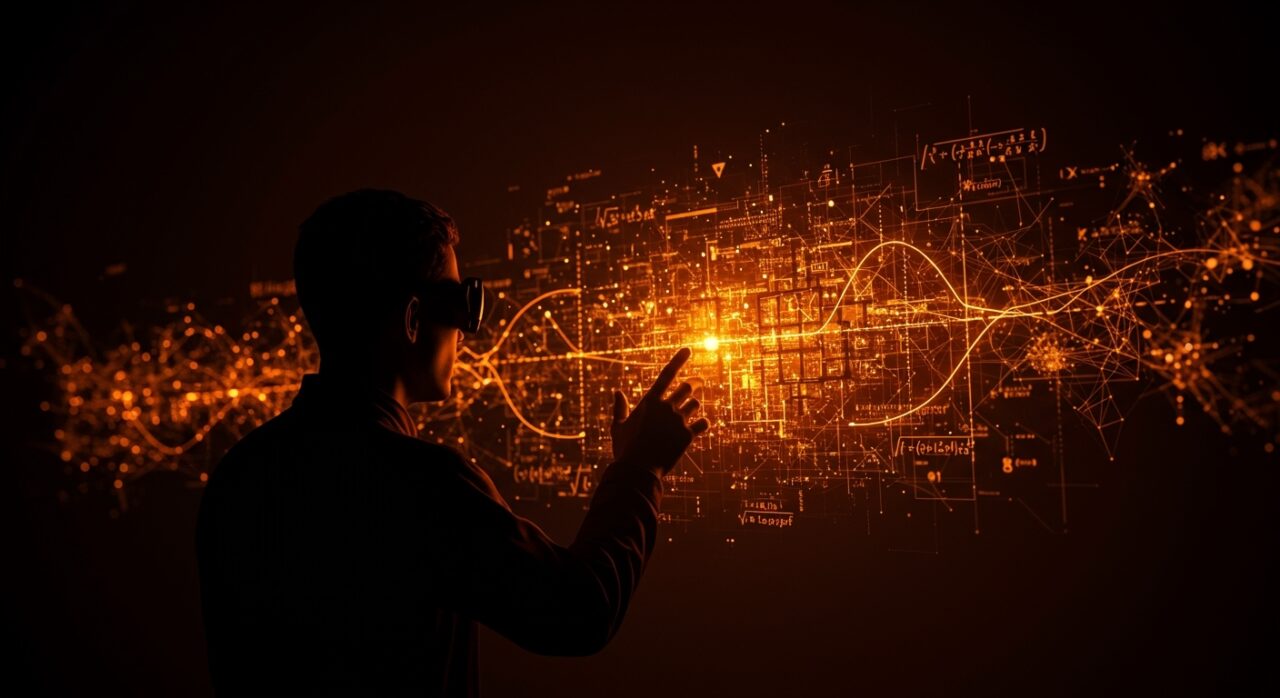 Inteligencia artificial de razonamiento matemático DeepSeekMath-V2 representada por un matemático interactuando con fórmulas y redes neuronales en colores naranja y negro.