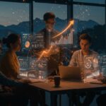 Startup tecnológica colaborando en un ambiente futurista en Bariloche, destacando innovación, aceleración y financiamiento en Deeptech Summit.