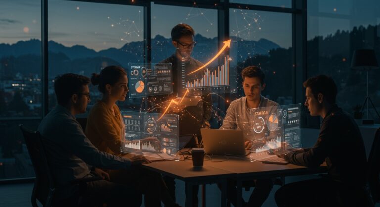 Startup tecnológica colaborando en un ambiente futurista en Bariloche, destacando innovación, aceleración y financiamiento en Deeptech Summit.