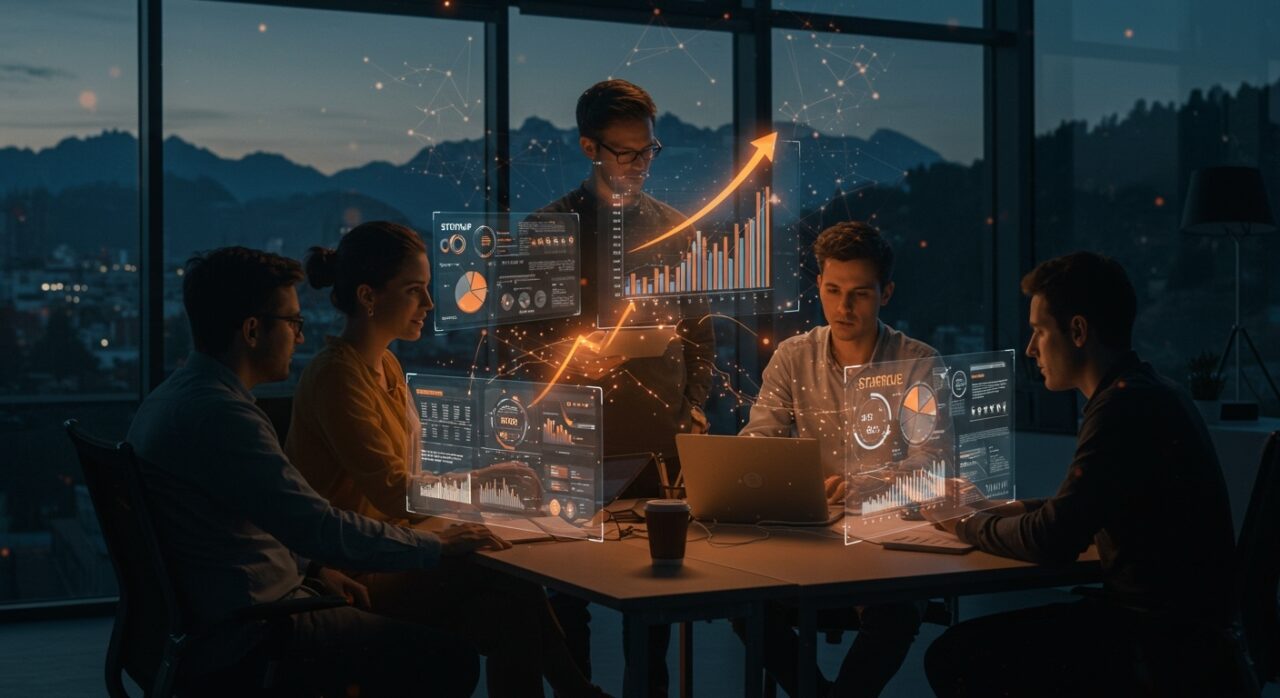 Startup tecnológica colaborando en un ambiente futurista en Bariloche, destacando innovación, aceleración y financiamiento en Deeptech Summit.