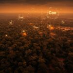 Deforestación en África mostrando transformación de bosques tropicales y emisiones de carbono con tecnología satelital y sostenibilidad.