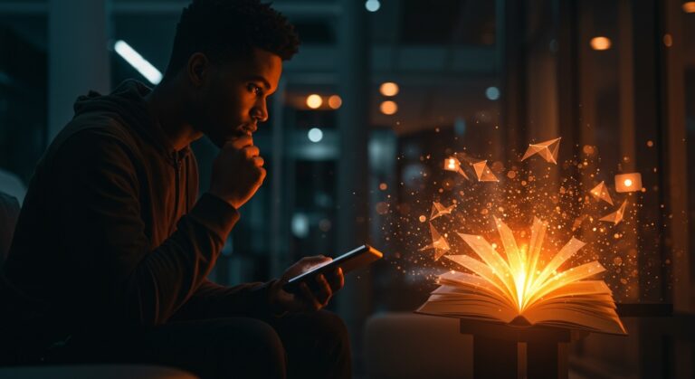 Persona dejando redes sociales para aumentar su lectura, con elementos visuales de BookTok y tendencias digitales en ecosistema startup.