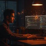 Full-Stack Engineer trabajando en IA aplicada en startup tecnológica YC, con ambiente moderno y metáforas visuales de redes neuronales y crecimiento.