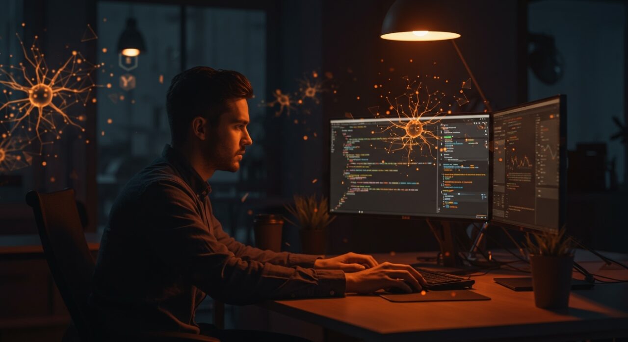 Full-Stack Engineer trabajando en IA aplicada en startup tecnológica YC, con ambiente moderno y metáforas visuales de redes neuronales y crecimiento.