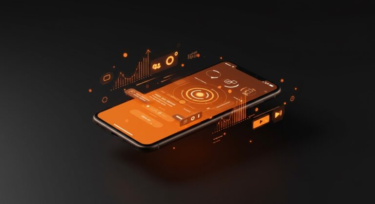 Herramienta iOS Demo Scope mostrando demo móvil profesional con indicadores táctiles y transmisión en vivo en un iPhone con estética Ecosistema Startup.