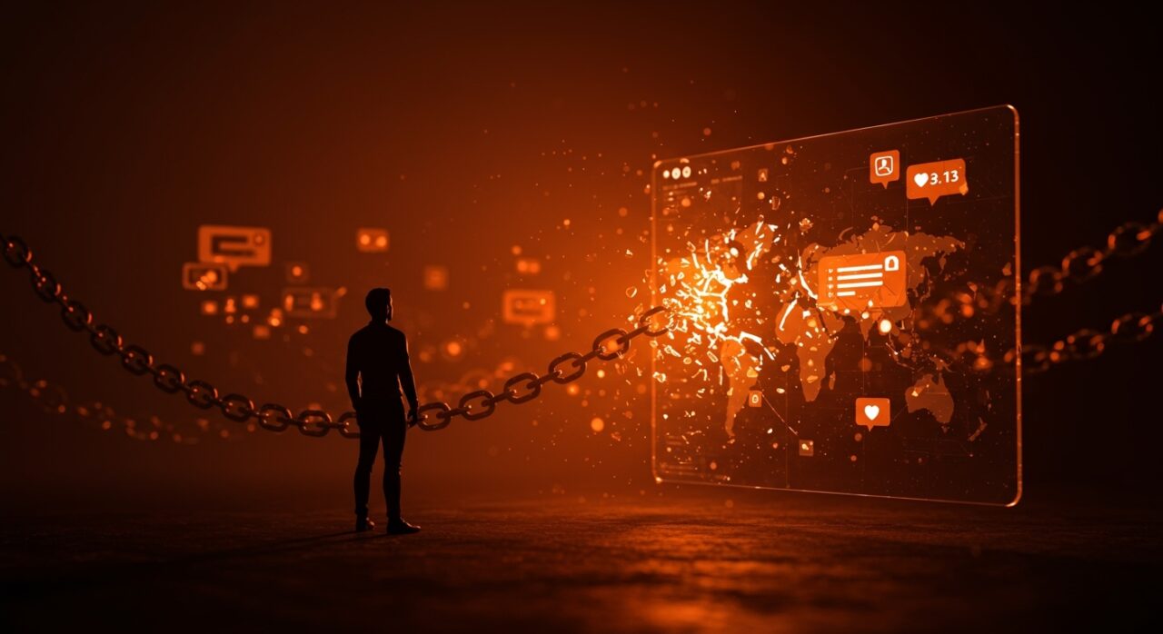 Ilustración editorial sobre deplatforming y gestión de comunidades digitales, destacando líderes y startups frente a desafíos en redes sociales y libertad de expresión.