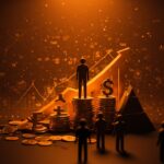 Concentración de la desigualdad económica en EE.UU. representada por un individuo rico sobre montañas de riqueza digital y una multitud fragmentada en la base.