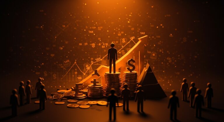 Concentración de la desigualdad económica en EE.UU. representada por un individuo rico sobre montañas de riqueza digital y una multitud fragmentada en la base.