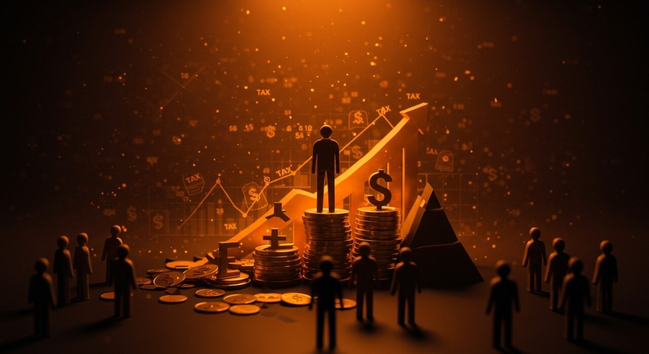 Concentración de la desigualdad económica en EE.UU. representada por un individuo rico sobre montañas de riqueza digital y una multitud fragmentada en la base.