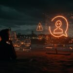 Escena editorial que ilustra desinformación por inteligencia artificial con el chatbot Grok y Bondi Beach, destacando riesgos y verificación en el ecosistema informativo startup.