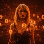 Desinformación digital sobre Taylor Swift ilustrada con perfiles falsos y tácticas de manipulación en redes sociales dentro del ecosistema startup.
